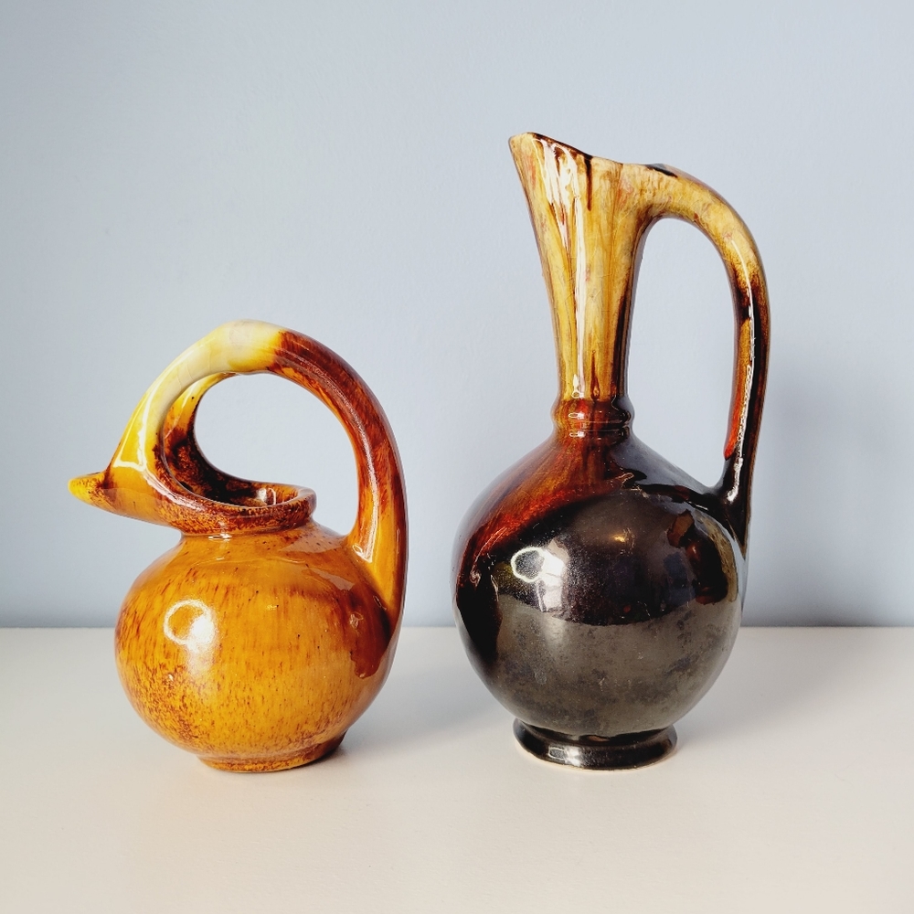 Vintage Round Glazed Pottery Mini Pitcher Set 2 Handmade Round Vessels Signed